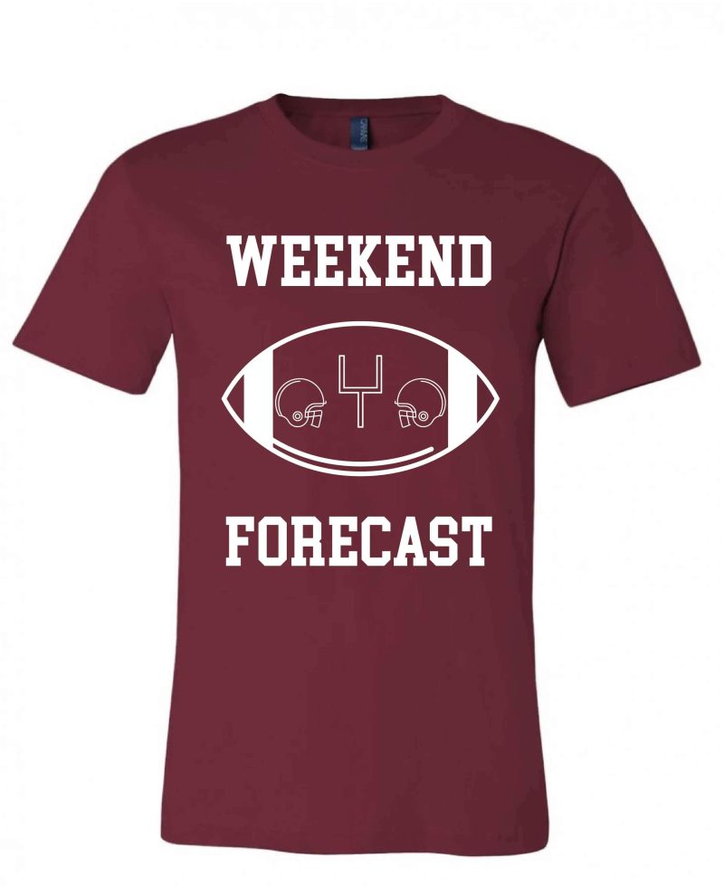 Weekend Forecast Short sleeve football tee Bella canvas and Next Level S Maroon