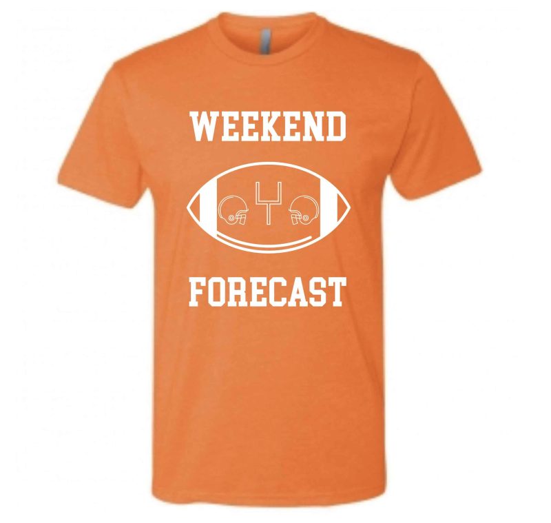 Weekend Forecast Short sleeve football tee Bella canvas and Next Level S Orange