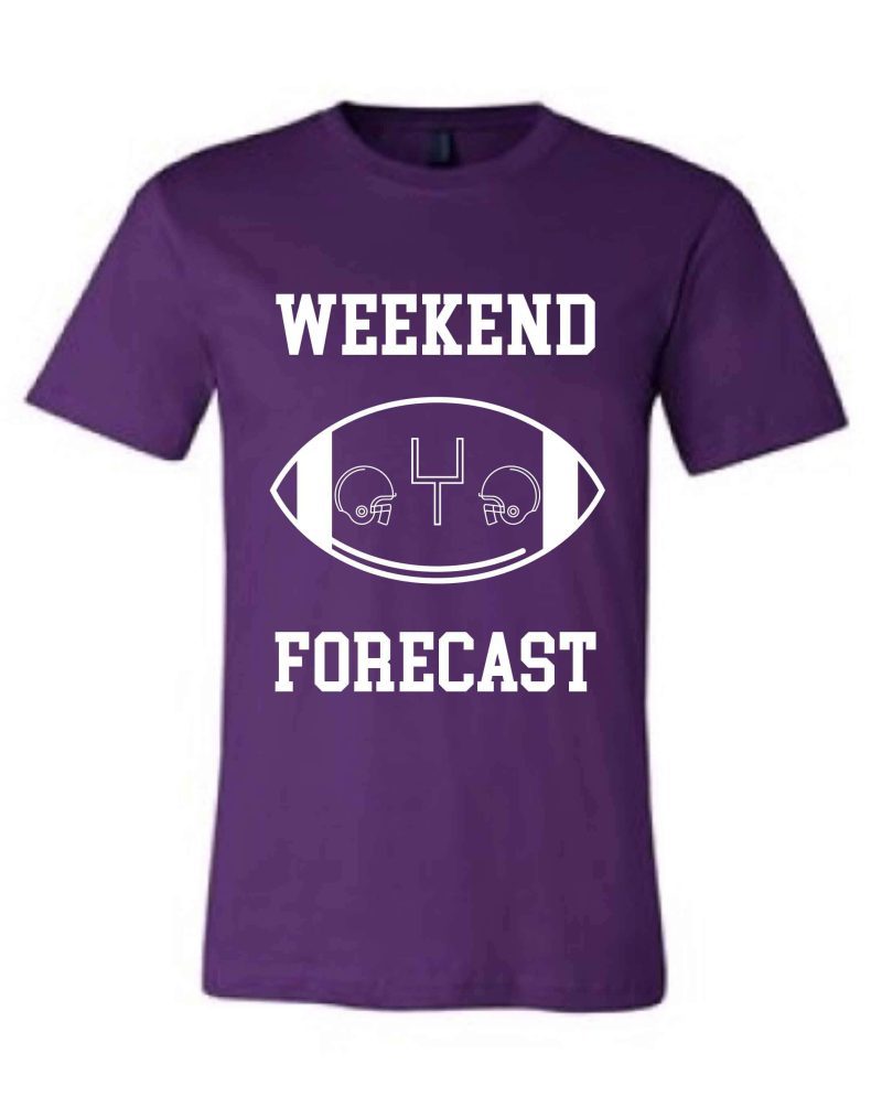 Weekend Forecast Short sleeve football tee Bella canvas and Next Level S Purple