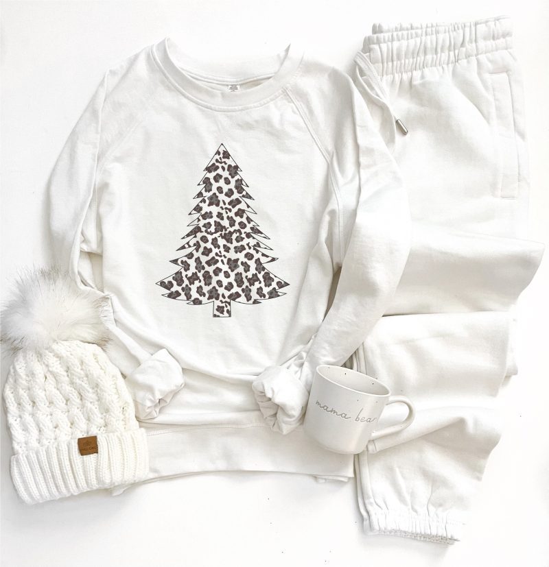 White leopard Christmas tree french terry raglan Holiday French Terry raglan Independent trading ss1000c